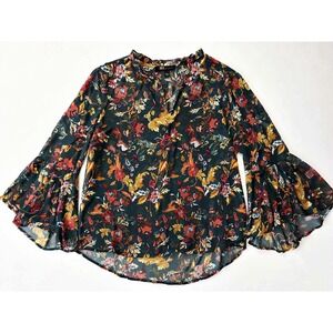 Frye Sheer Floral Blouse Size L Boho Ruffle Neck Bell Sleeve Lightweight Top